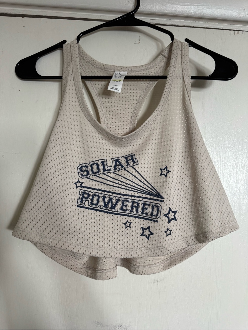 aerie Beige Mesh Crop Tank with Navy Graphic